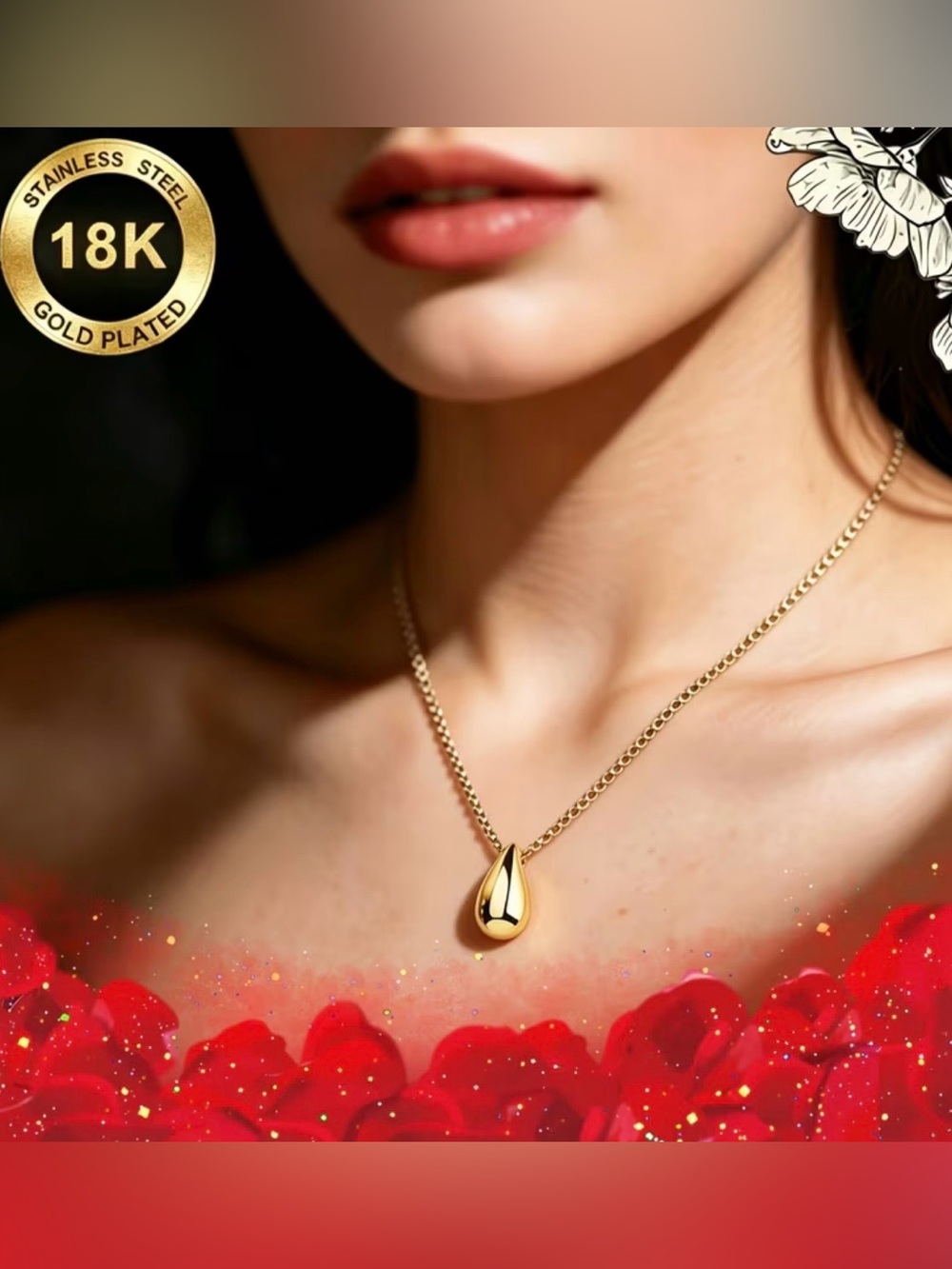 Gold Plated Teardrop Pendant Necklace - Women Jewelry